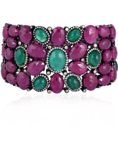 Artisan 18k Gold & 925 Silver In Oval Cut Emerald With Ruby Pave Diamond Luxurious Bracelet - Purple
