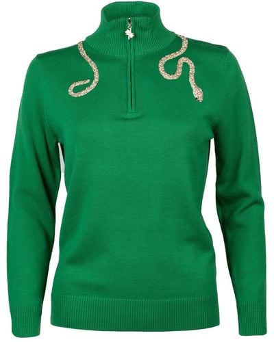 Laines London Laines Couture Quarter Zip Sweater With Embellished Crystal & Pearl Snake - Green