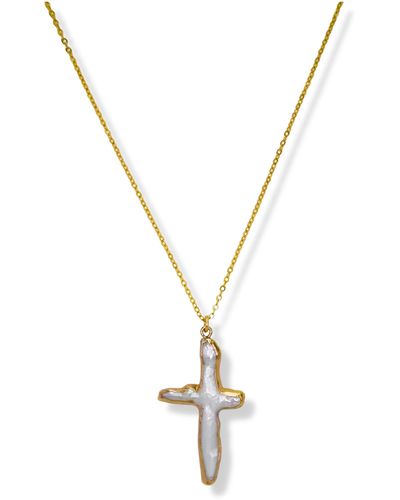 Daniela Janette Pearl Cross Charm Necklace - Metallic