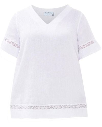 Haris Cotton Guipure Lace Insert Linen Blouse With V Neck And Short Sleeve - White