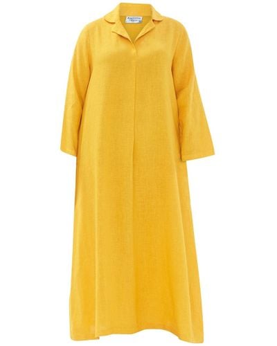 Haris Cotton Maxi Linen Dress With Front Pleat And Lapels - Yellow