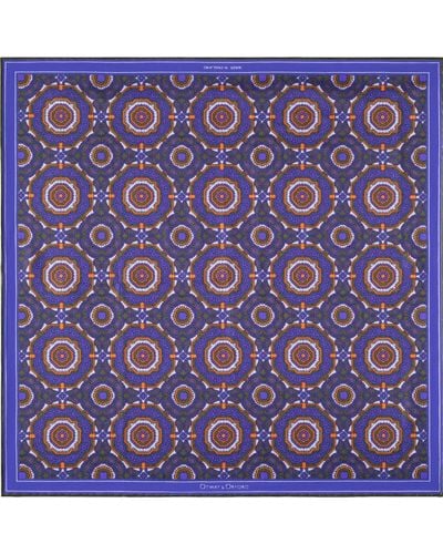 Otway & Orford 'whirligig' Medallion Silk Pocket Square In Blue, Orange & Green. Full-size. - Purple
