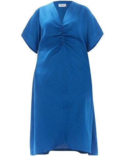 Haris Cotton Midi Cami Linen Dress With Butterfly Sleeve And Front Frill - Blue