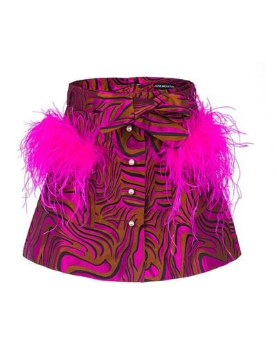 Andreeva Raspberry Printed Mini Skirt With Feathers - Pink