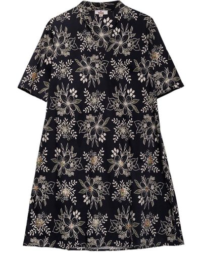 Niza Short Flared Dress With Embroidery - Black