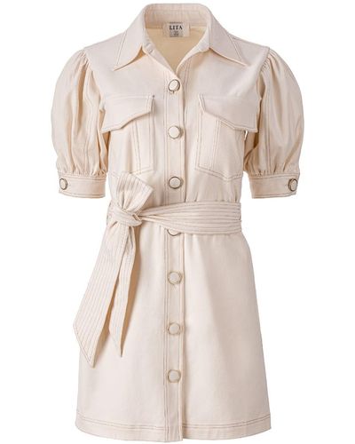 Lita Couture Topstitch Detail Cotton Dress In - Natural