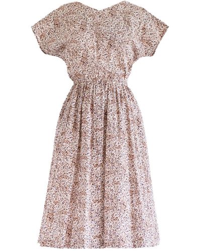 Sugar Cream Vintage Neutrals Vintage White Short Sleeved Brown Rose Print Cotton Midi Dress - Pink