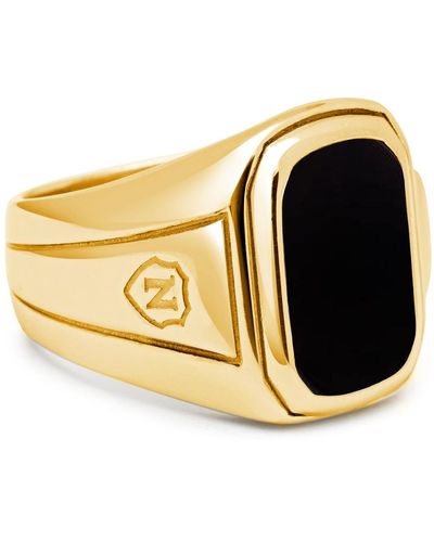 Nialaya Oblong Gold Plated Signet Ring With Onyx - Metallic