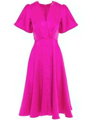 ROSERRY Brooklyn Retro Midi Satin Dress In Fuchsia - Pink