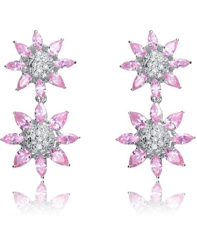 Genevive Jewelry Sterling Silver Clear & Pink Cubic Zirconia Pave Flower Earrings - Purple