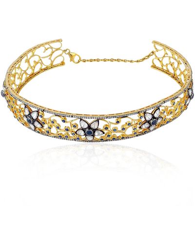 Artisan 18k Yellow Gold & Silver Diamond Choker Necklace Blue Sapphire Gemstone Jewelry - Metallic