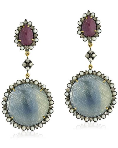 Artisan 18k Gold Silver With Pearl & Multi Sapphire Pave Diamond Classic Earrings - Blue