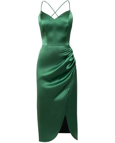Nomi Fame Selena Satin Midi Dress With Straps And Draped Skirt - Green
