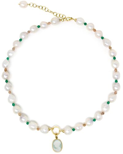 Vintouch Italy Little Lovelies Gold-plated Pearl & Bead Green Cameo Necklace - Metallic