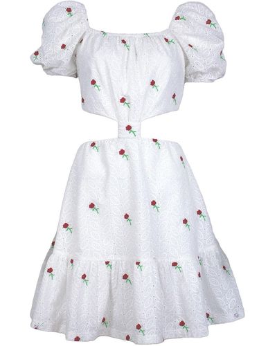 Lalipop Design Guipure Mini Dress With Red Flowers & Cut-out Details - White