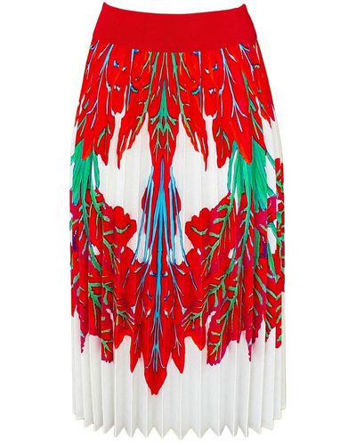 Lalipop Design Half Circle Pleated White Midi Skirt With Red Leaves Print