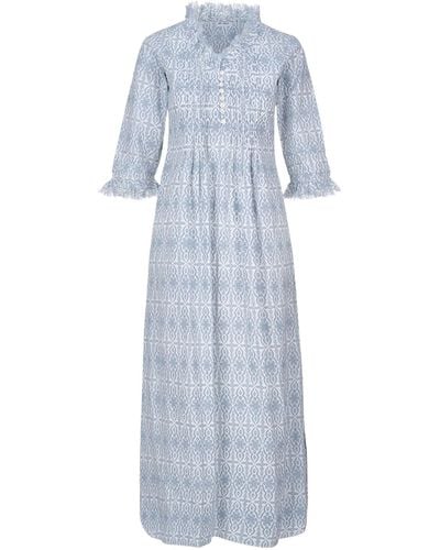 At Last Cotton Annabel Maxi Dress In Dove & White - Blue