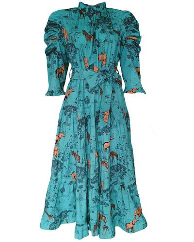 Lalipop Design Animal Print Cotton Lycra Midi Dress - Blue
