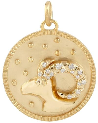 Artisan Natural Diamond Solid With 14k Yellow Gold Zodiac Sign Charm Pendant - Metallic