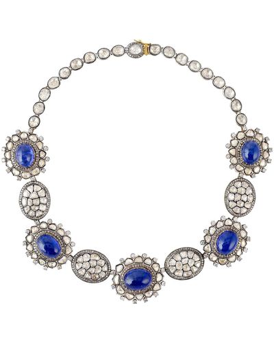 Artisan Solid 14k Gold Rose Cut & Uncut Diamond With Tanzanite 925 Silver Victorian Necklace - Blue