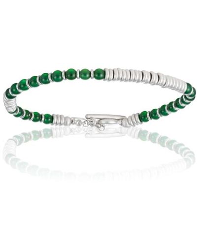 Double Bone Bracelets Agata Stone Beaded Bracelet With White Gold Beads - Green