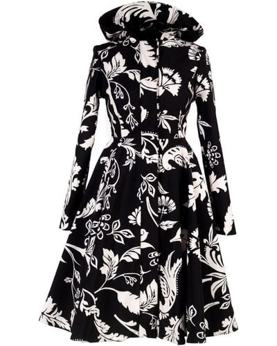 RainSisters Hooded Black And White Waterproof Women's Coat With Floral Print: Blooming Night