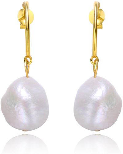 Genevive Jewelry Sterling Silver Yellow Gold Plated With Baroque Oval White Pearl Dangle Drop C-hoop Earrings - Metallic
