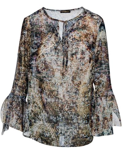 Conquista Print Voile Top With Flounce Sleeves - Grey