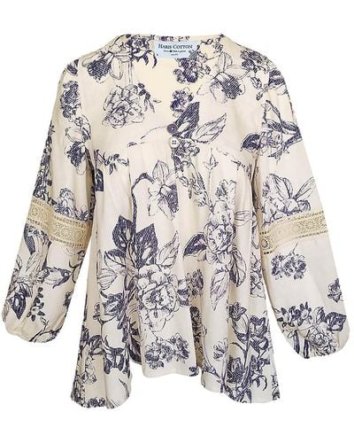 Haris Cotton Printed Linen Blend Blouse With Ballon Sleeves And Lace - White