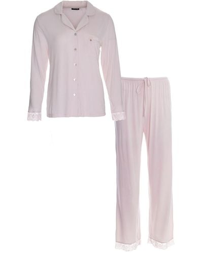 Pretty You London Bamboo Lace Pajama Set In Powder Puff - Pink