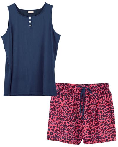 Inara Indian Cotton Pink Panther Print Shorts And Sleeveless Ribbed Top - Blue