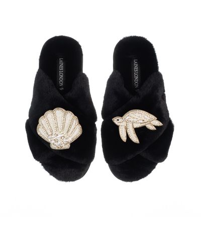 Laines London Classic Laines Slippers With Pearl Beaded Turtle & Shell Brooches - Black