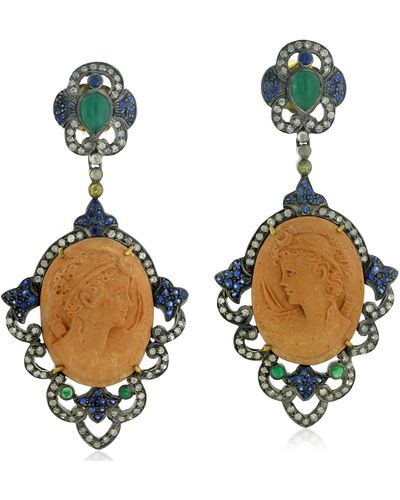 Artisan 18k Gold Silver With Cameo & Sapphire And Emerald Dangle Earrings - Blue
