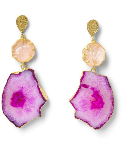 YAA YAA LONDON 'hold On' Rose Quartz Pink Agate Gemstone Gold Statement Earrings - Purple
