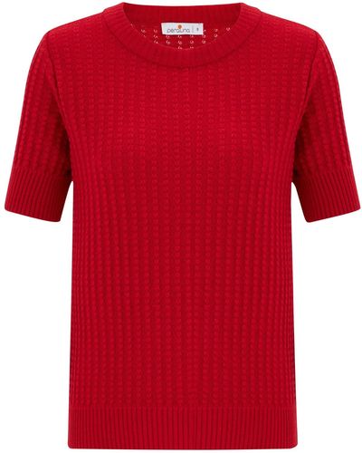Peraluna Cashmere Blend O-neck Short Sleeve 3d Vertical Striped Knitwear Blouse - Red
