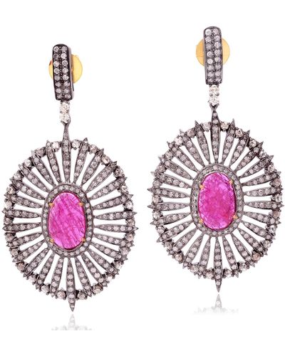 Artisan Natural Ruby Dangle Earrings Pave Diamond 18k Gold 925 Sterling Silver Jewelry - Pink