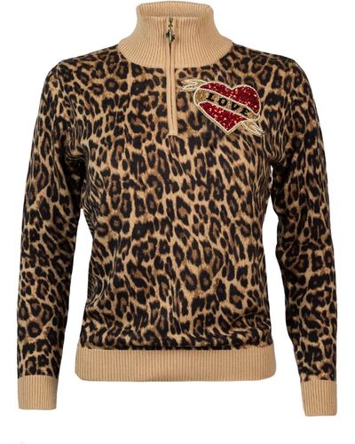 Laines London Laines Couture Animal Print Quarter Zip Sweater With Embellished Red Love - Brown