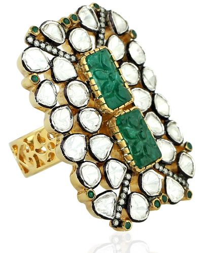 Artisan Uncut Diamond Yellow Gold Silver Cocktail Ring Emerald Gemstone Jewelry - Green