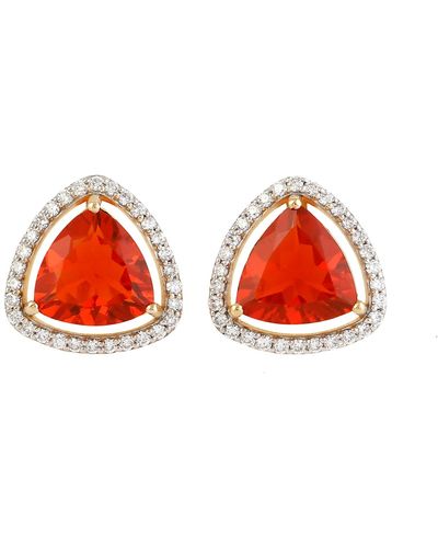 Artisan Trillion Cut Fire Opal With Halo Natural Diamond In 18k Solid Gold Stud Earrings - Red