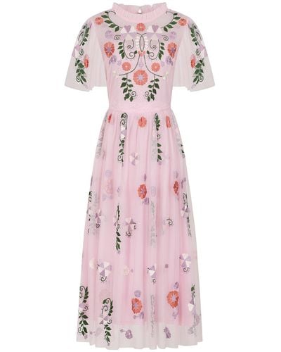Frock and Frill Althea Floral Embroidered Midi Dress - Pink