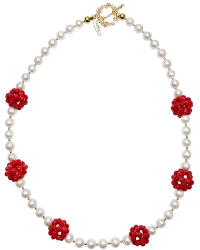 Farra Coral Flower Ball And Freshwater Pearls Statement Necklace - Red