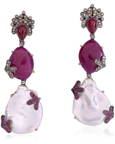 Artisan 18k Gold & 925 Silver In Pearl With Ruby Pave Diamond Art Deco Style Dangle Earrings - Purple