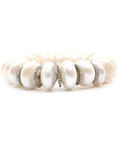 Shar Oke Silver / Neutrals / White Diamonds & Fresh Water Pearls Beaded Bracelet
