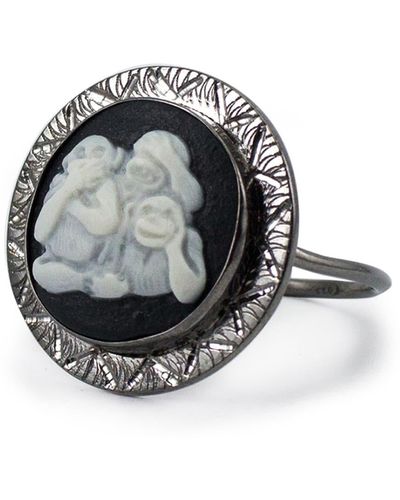 Vintouch Italy Three Wise Monkeys Cameo Ring - Black