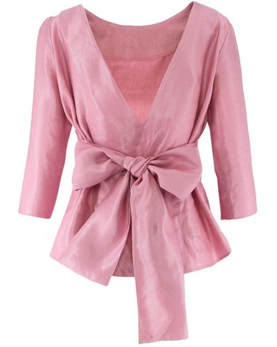 AVENUE No.29 Linen V Cut Back Blouse With Bow - Pink