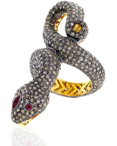 Artisan 18k Gold & 925 Silver In Ruby With Pave Diamond Carved Snake Long Ring - Metallic
