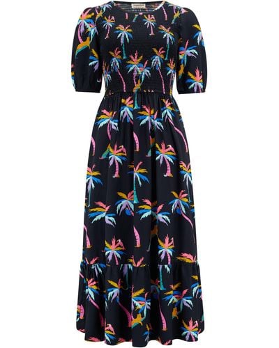 Sugarhill Arabella Midi Shirred Dress , Rainbow Palms - Blue