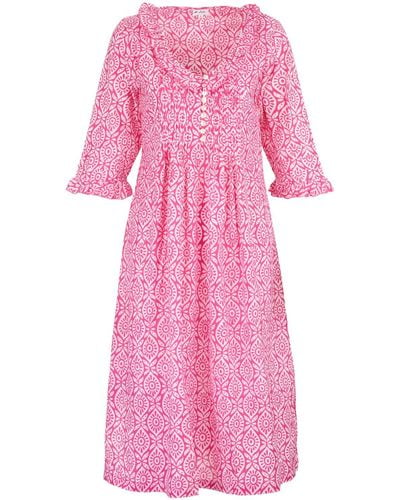 At Last Cotton Karen 3/4 Sleeve Day Dress In Bubblegum Pink & White