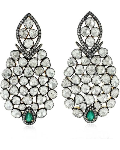 Artisan 18k Gold & 925 Silver In Uncut Natural Diamond With Emerald Victorian Dangle Earrings - Multicolor