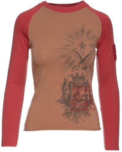 Conquista Beige & Dark Print Top With Embroidery Detail - Red